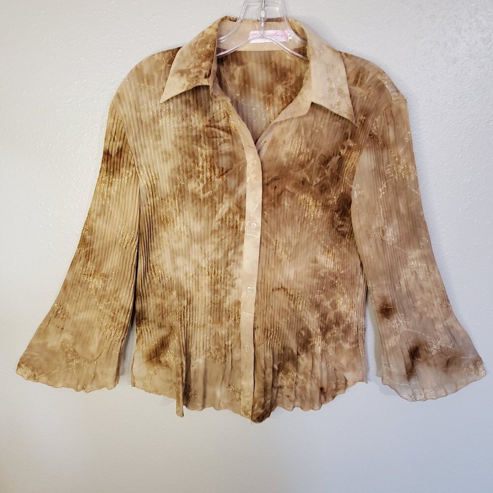 Pretty Angel Gold & Brown Embroidered Tie-Dye Blouse Women's Large